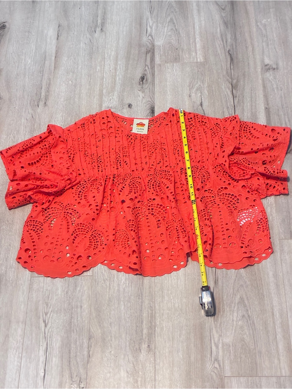 FARM Rio Red Eyelet Ruffle Blouse Small Flutter Sleeve Top - Picture 9 of 10
